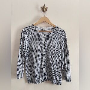 LOFT 100% Cotton White Cardigan with Black Grid Print size L